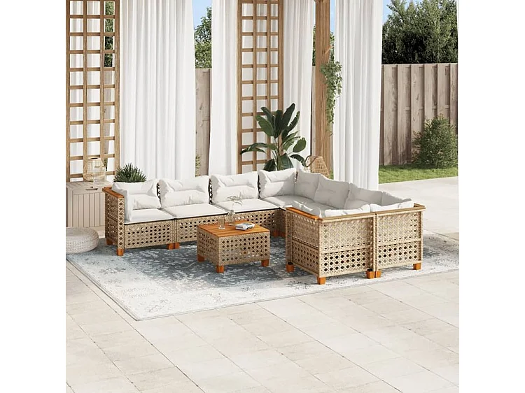 Salon de jardin avec coussins 9 pcs beige résine tressée