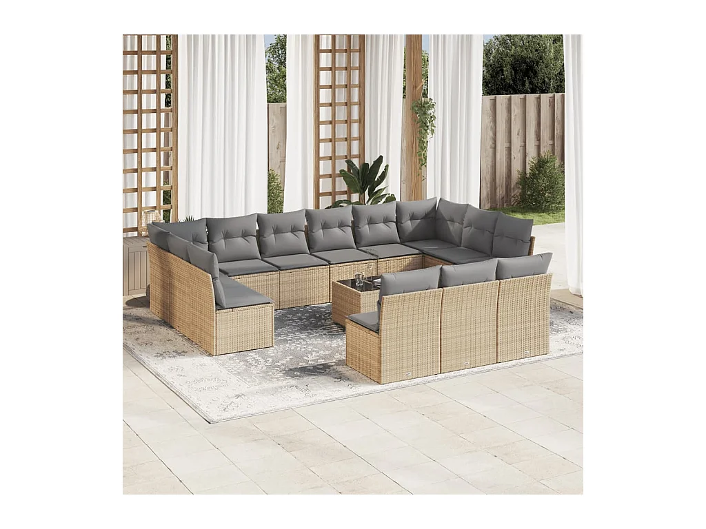 Salon de jardin avec coussins 14 pcs beige résine tressée