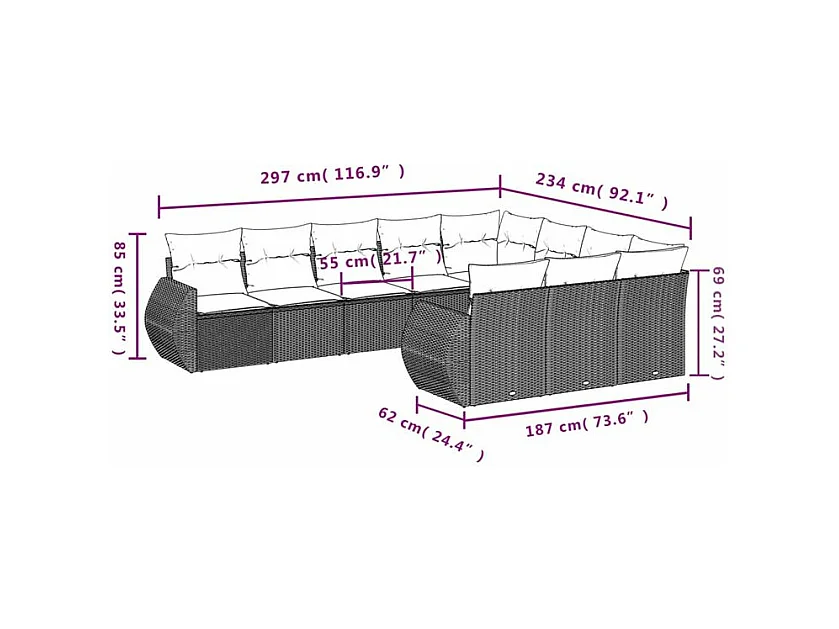 Salon de jardin 10 pcs avec coussins marron résine tressée