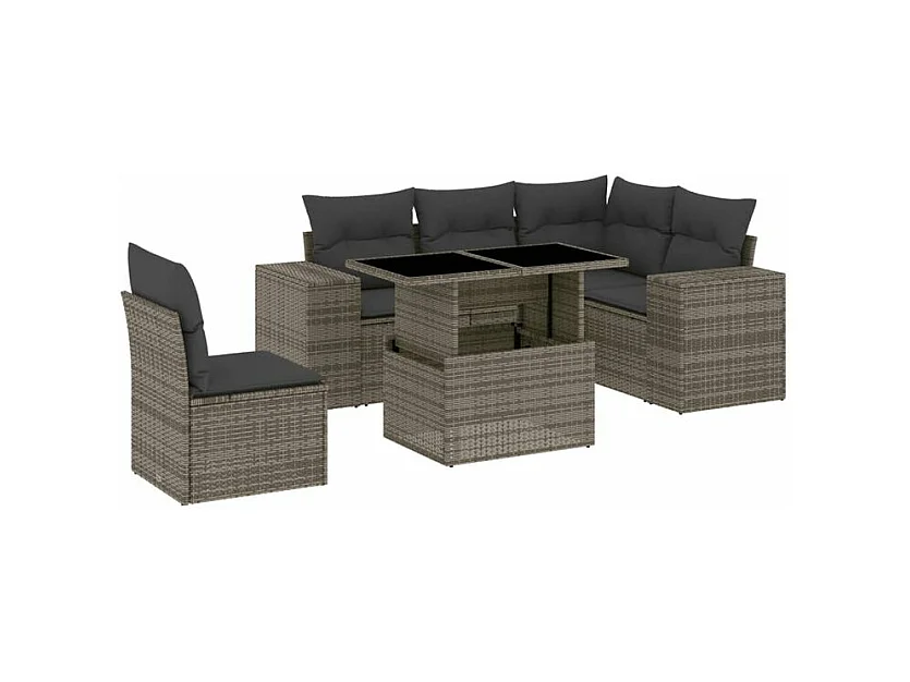 Salon de jardin 6 pcs avec coussins gris résine tressée