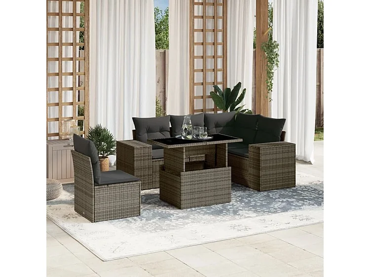Salon de jardin 6 pcs avec coussins gris résine tressée