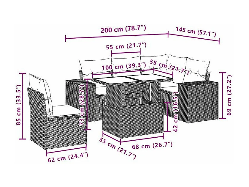 Salon de jardin 6 pcs avec coussins gris résine tressée