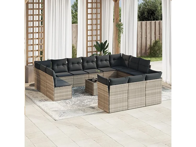 Salon de jardin avec coussins 14 pcs gris clair résine tressée