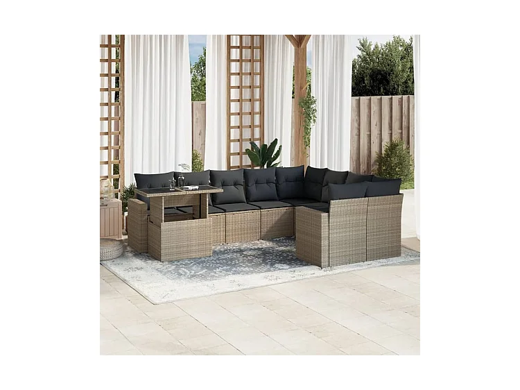 Salon de jardin avec coussins 10 pcs gris clair résine tressée
