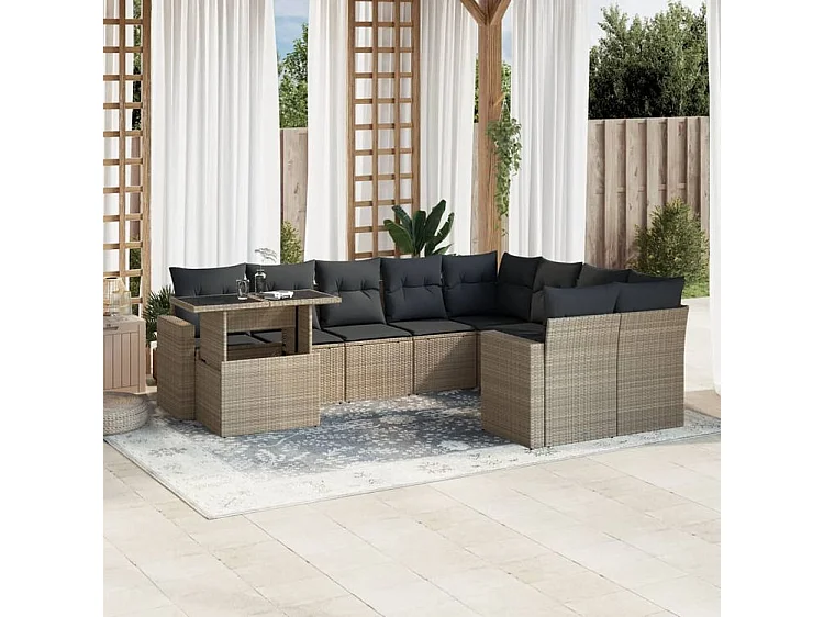 Salon de jardin avec coussins 10 pcs gris clair résine tressée