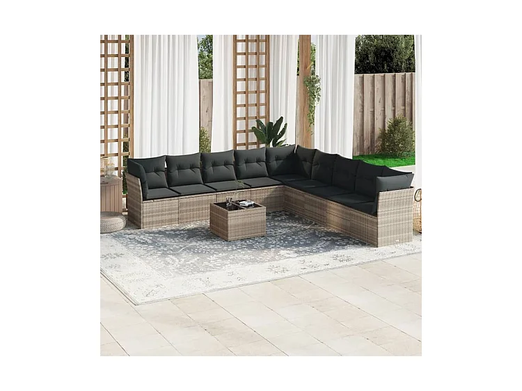 Salon de jardin avec coussins 10 pcs gris clair résine tressée
