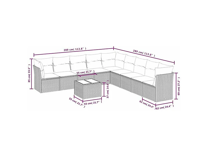 Salon de jardin avec coussins 10 pcs gris clair résine tressée