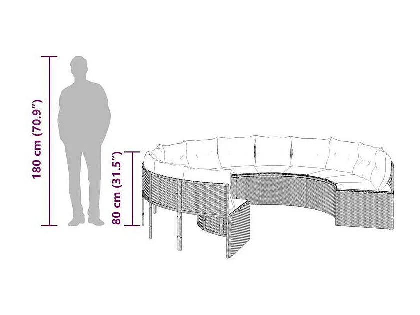 Canapé de jardin avec coussins rond gris résine tressée