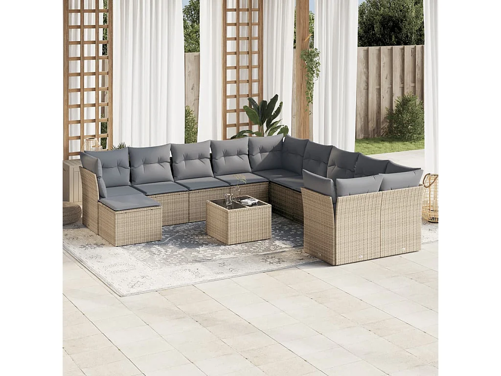 Salon de jardin avec coussins 12 pcs beige résine tressée