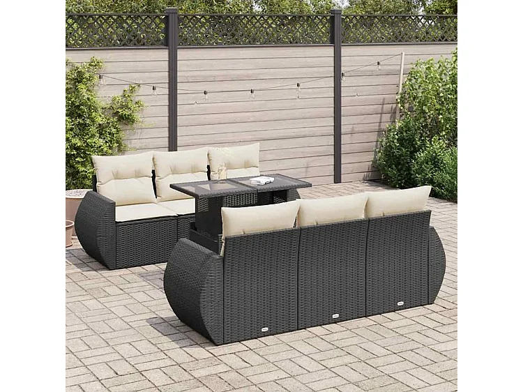 Salon de jardin 7 pcs avec coussins noir résine tressée
