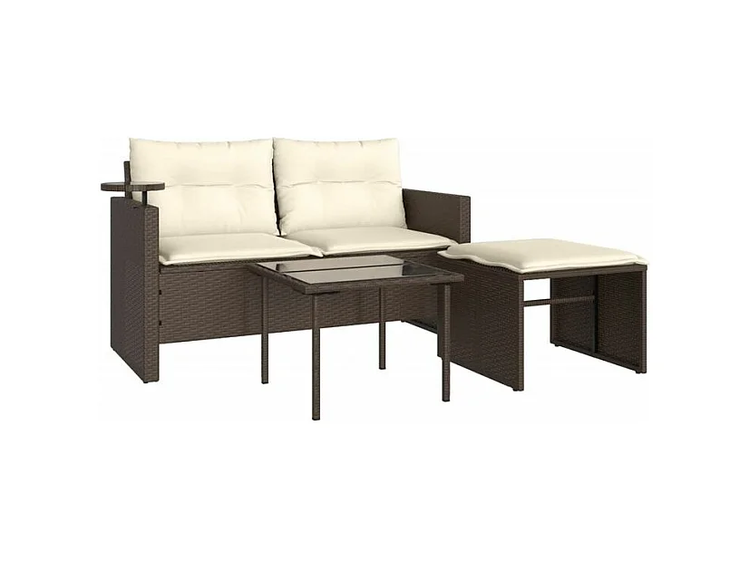 Salon de jardin avec coussins 3 pcs marron résine tressée