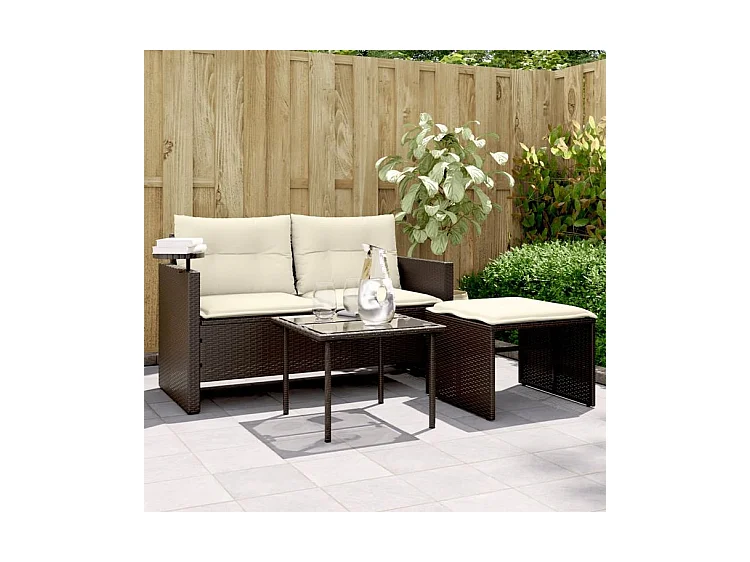 Salon de jardin avec coussins 3 pcs marron résine tressée