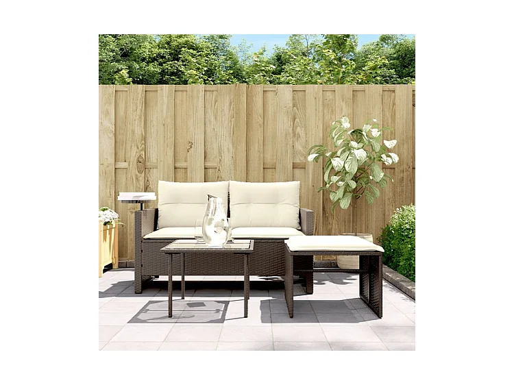 Salon de jardin avec coussins 3 pcs marron résine tressée