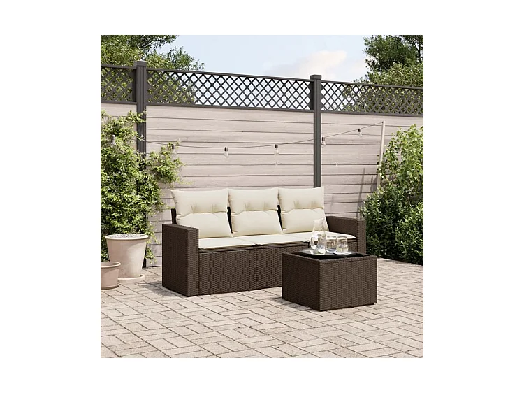 Salon de jardin 4 pcs avec coussins marron résine tressée