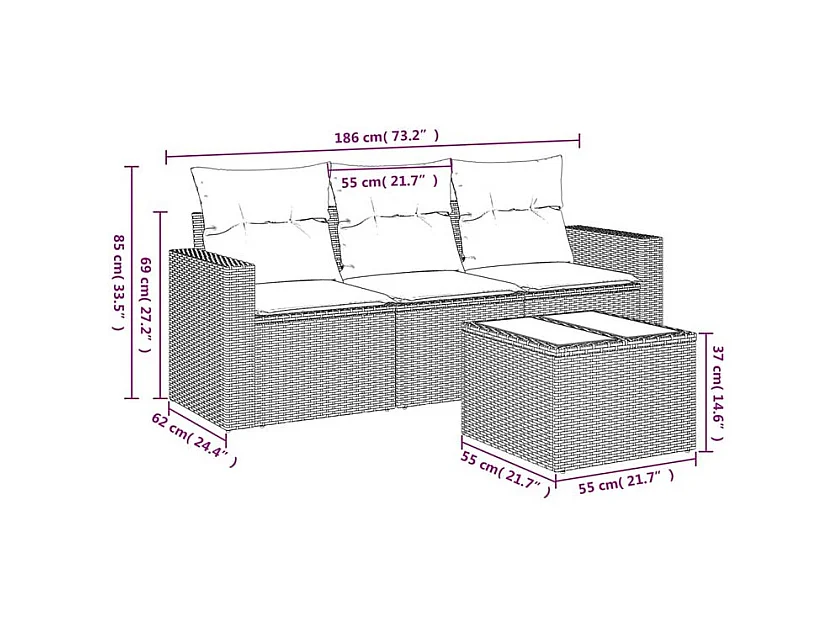 Salon de jardin 4 pcs avec coussins marron résine tressée