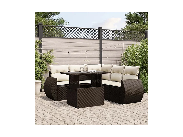 Salon de jardin avec coussins 6 pcs marron résine tressée