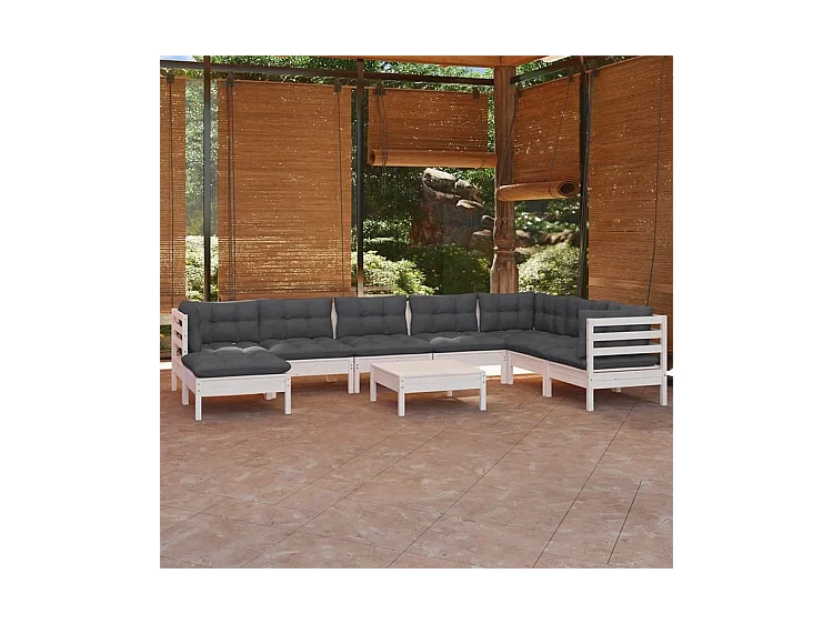 Salon de jardin 9 pcs avec coussins blanc bois de pin solide