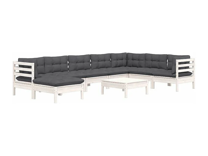 Salon de jardin 9 pcs avec coussins blanc bois de pin solide
