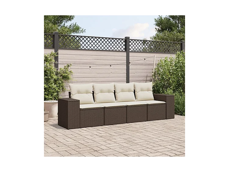 Salon de jardin 4 pcs avec coussins marron résine tressée