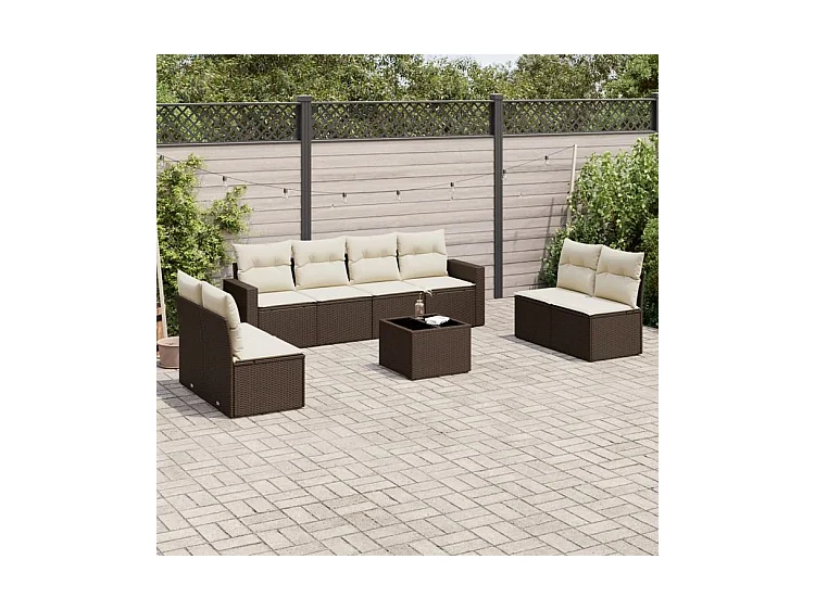 Salon de jardin avec coussins 9 pcs marron résine tressée