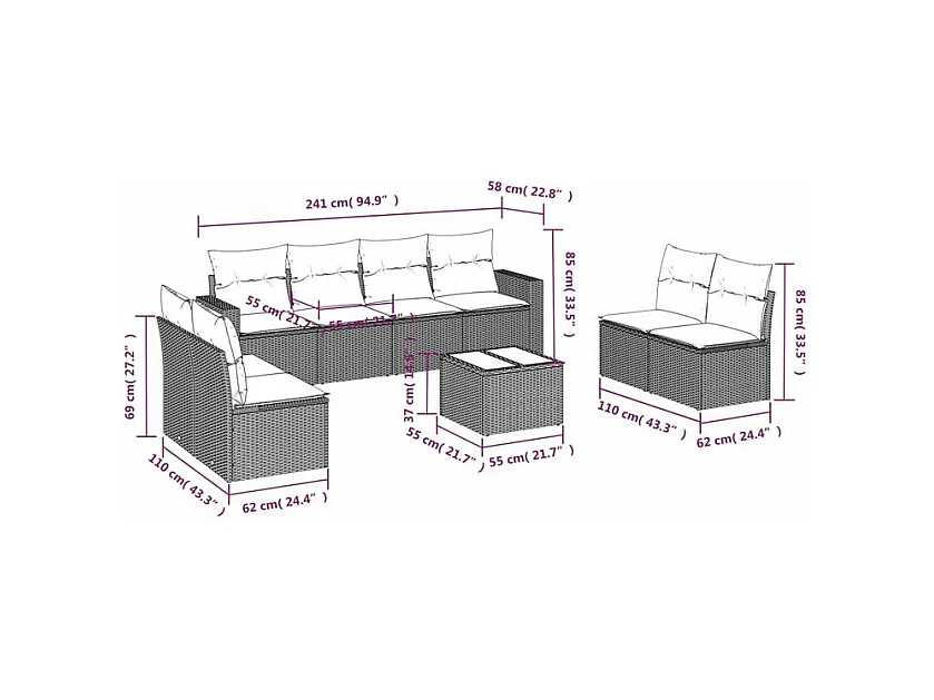 Salon de jardin avec coussins 9 pcs marron résine tressée