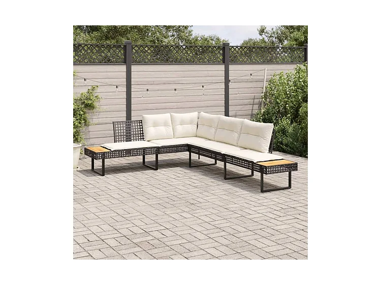 Canapé de jardin avec coussins en forme de L noir rotin acacia