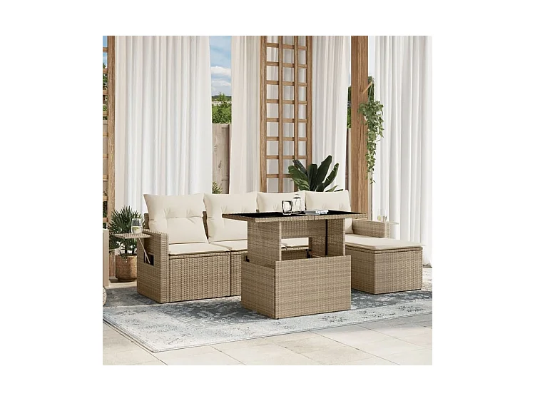 Salon de jardin avec coussins 6 pcs beige résine tressée