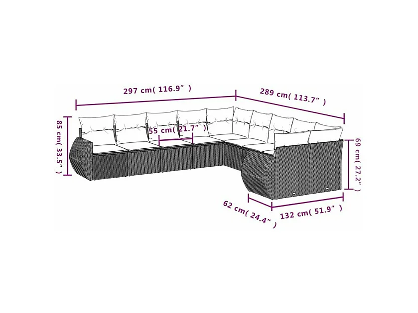 Salon de jardin 10 pcs avec coussins marron résine tressée