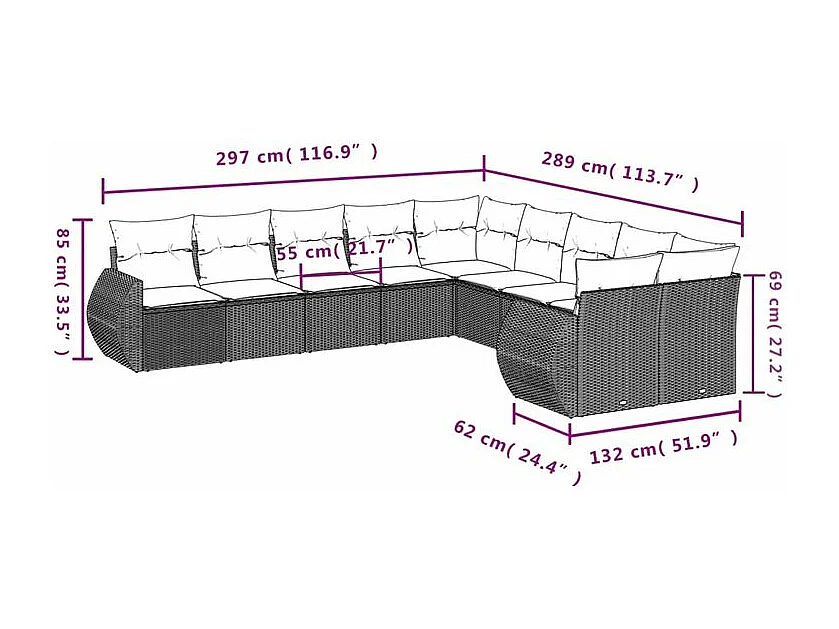 Salon de jardin 10 pcs avec coussins marron résine tressée