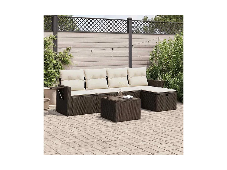 Salon de jardin avec coussins 6 pcs marron résine tressée