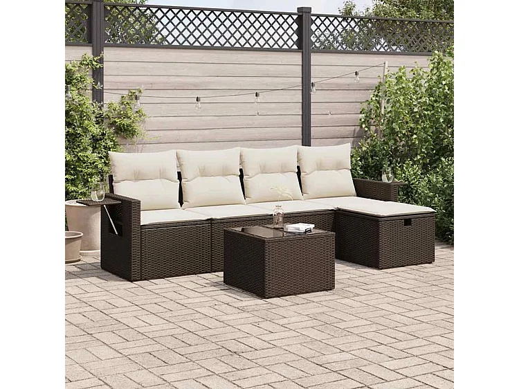 Salon de jardin avec coussins 6 pcs marron résine tressée