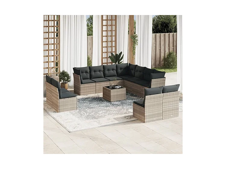 Salon de jardin avec coussins 12 pcs gris clair résine tressée