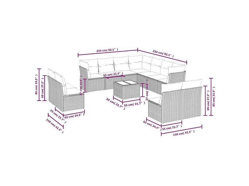 Salon de jardin avec coussins 12 pcs gris clair résine tressée