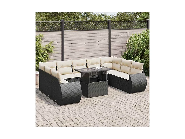 Salon de jardin 10 pcs avec coussins noir résine tressée