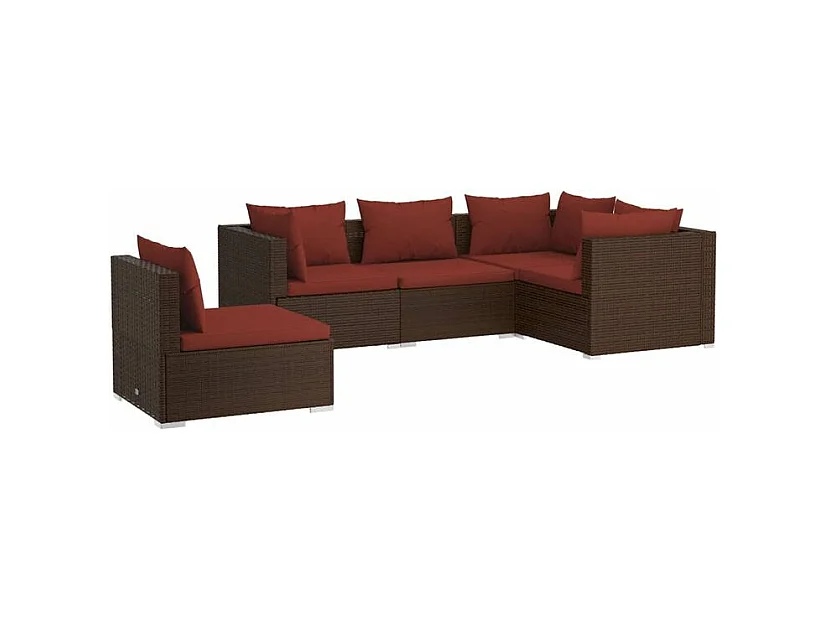 Salon de jardin 5 pcs avec coussins résine tressée marron