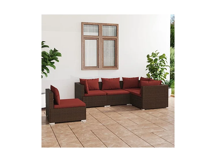 Salon de jardin 5 pcs avec coussins résine tressée marron