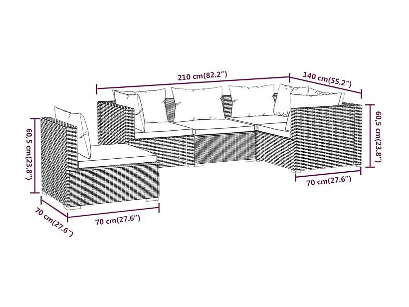 Salon de jardin 5 pcs avec coussins résine tressée marron