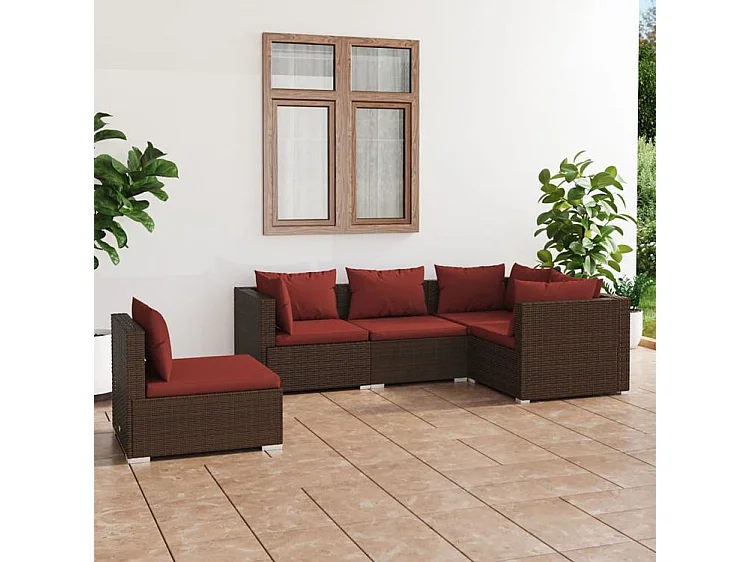 Salon de jardin 5 pcs avec coussins résine tressée marron