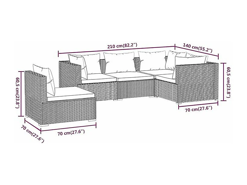 Salon de jardin 5 pcs avec coussins Résine tressée Marron