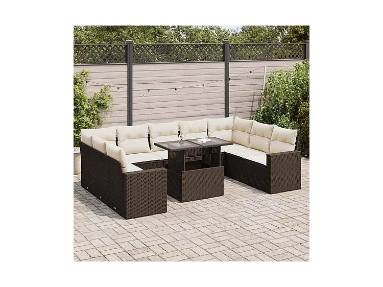 Salon de jardin 10 pcs avec coussins marron résine tressée