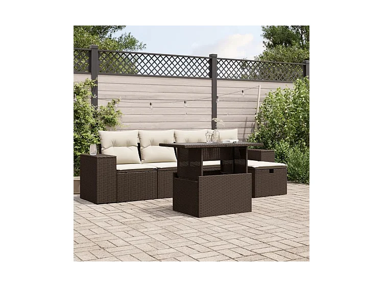 Salon de jardin avec coussins 6 pcs marron résine tressée