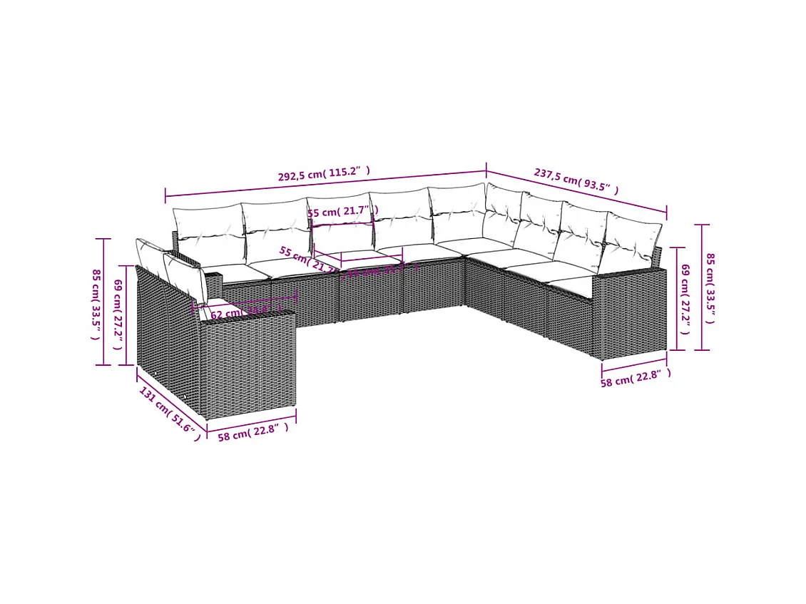 Salon de jardin avec coussins 10 pcs beige résine tressée