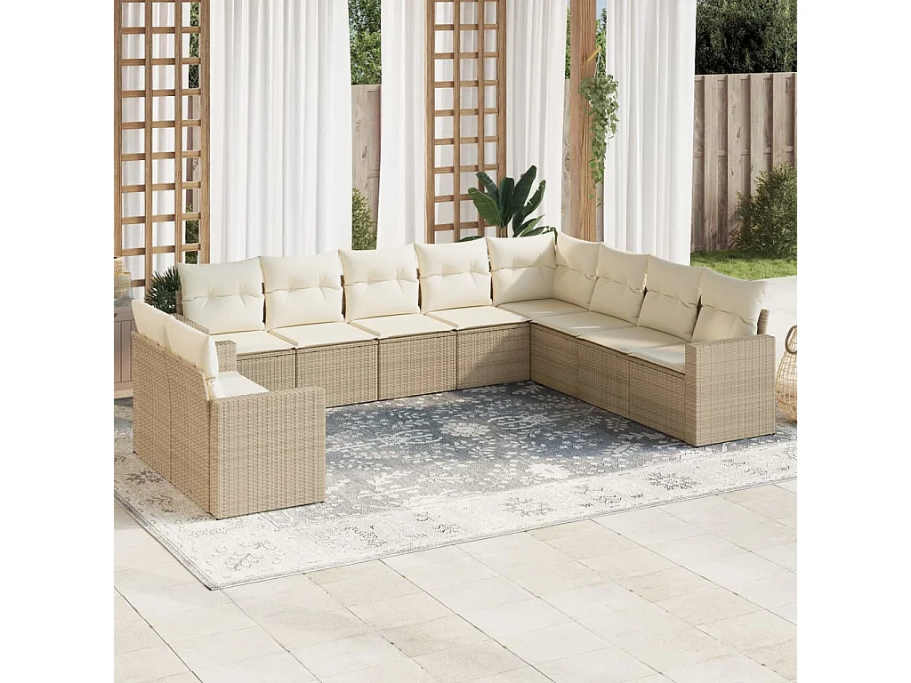 Salon de jardin avec coussins 10 pcs beige résine tressée