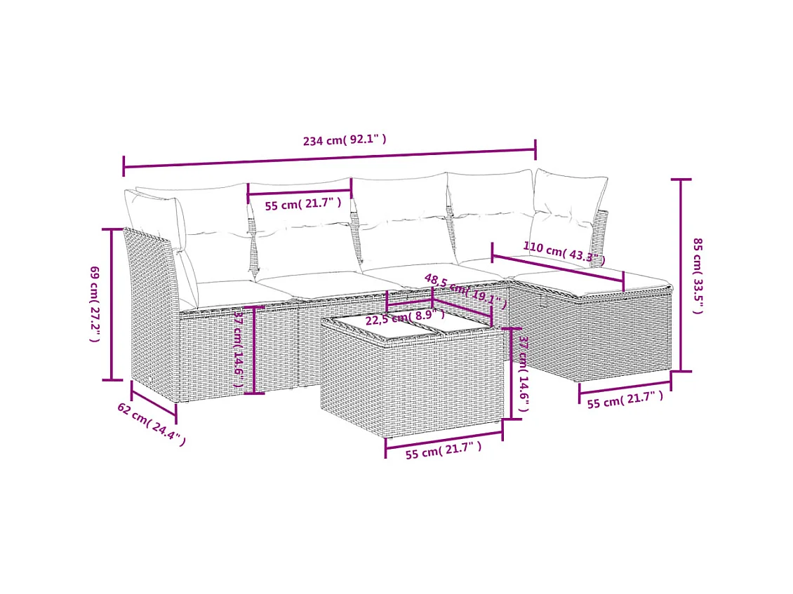 Salon de jardin avec coussins 6 pcs beige résine tressée