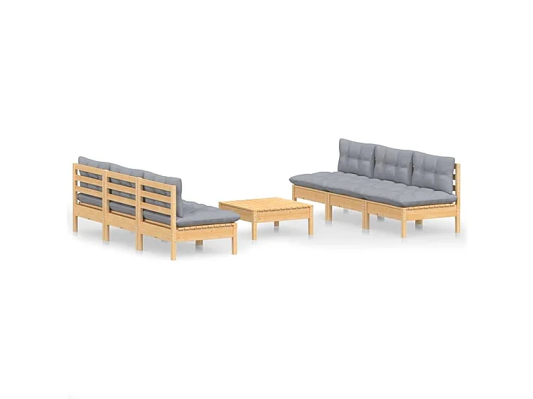 Salon de jardin 7 pcs avec coussins gris bois de pin