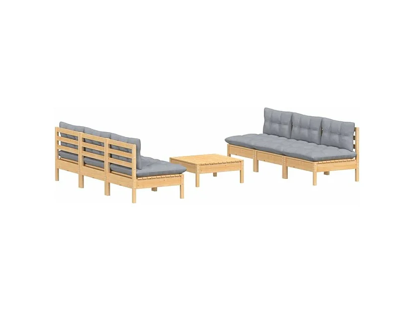 Salon de jardin 7 pcs avec coussins gris bois de pin