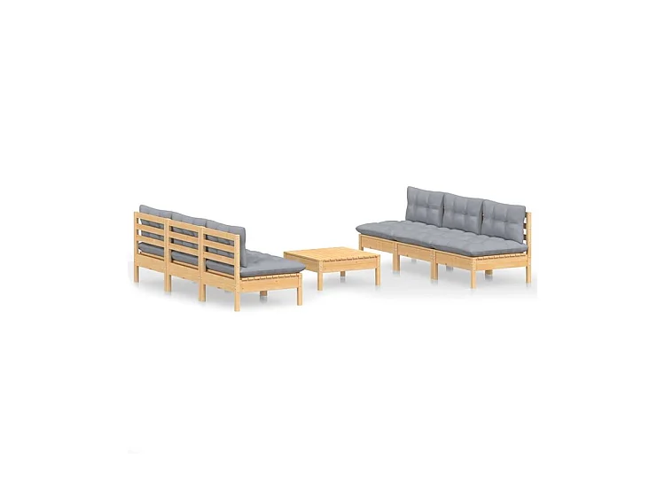 Salon de jardin 7 pcs avec coussins gris bois de pin