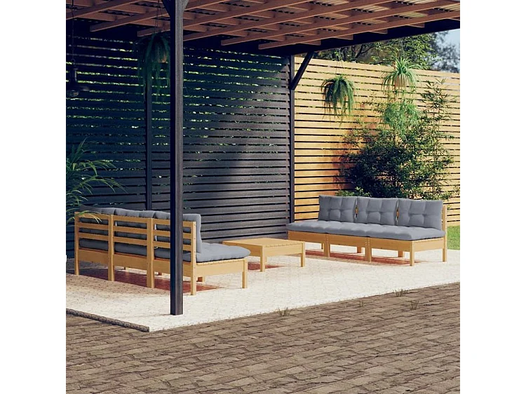 Salon de jardin 7 pcs avec coussins gris bois de pin