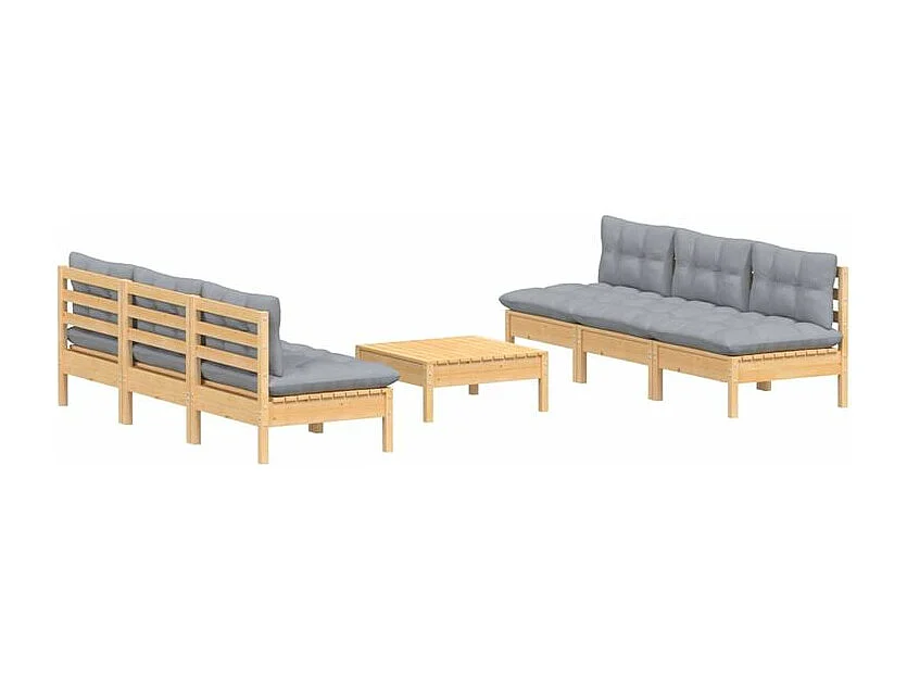 Salon de jardin 7 pcs avec coussins gris bois de pin