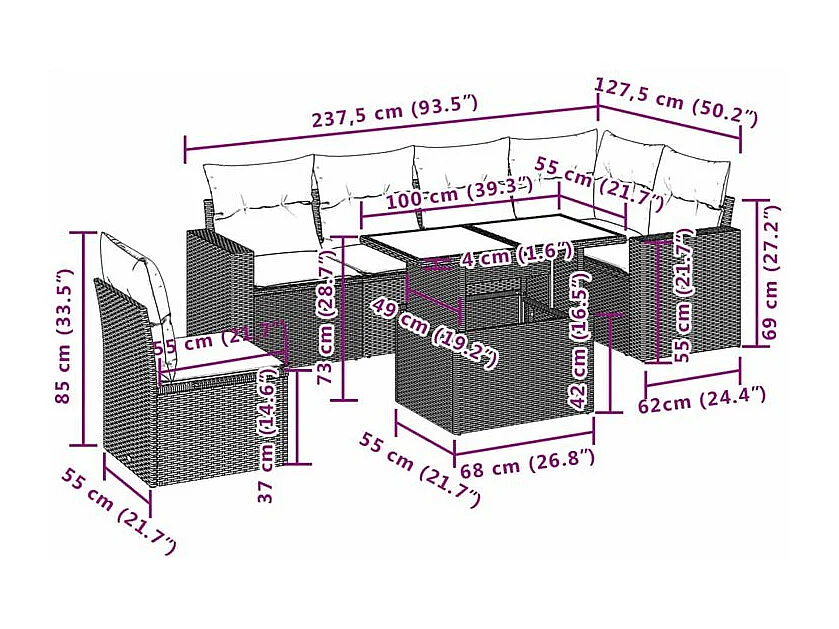 Salon de jardin avec coussins 7 pcs gris clair résine tressée